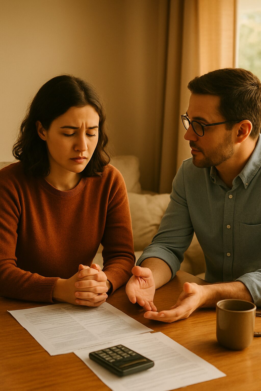 A couple sitting down at a table and talking about their financial situation
